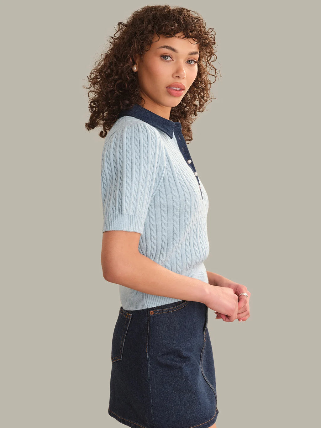 Astor Denim Mix Mini Cable Short Sleeve Pullover