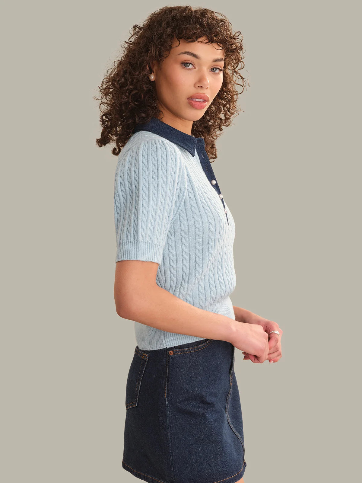 Astor Denim Mix Mini Cable Short Sleeve Pullover