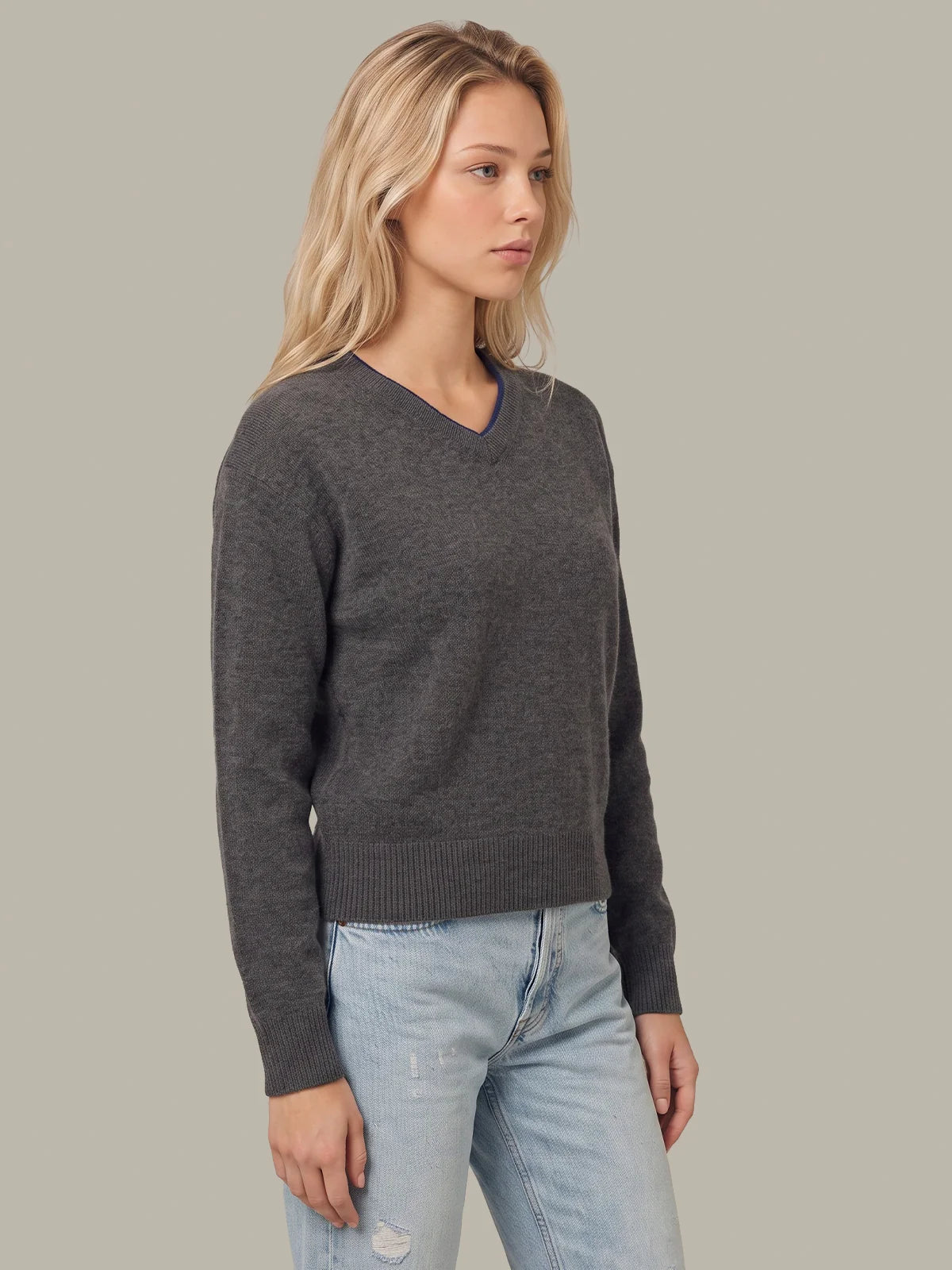 Sloane High V-Neck Double Trim Cashmere Pullover