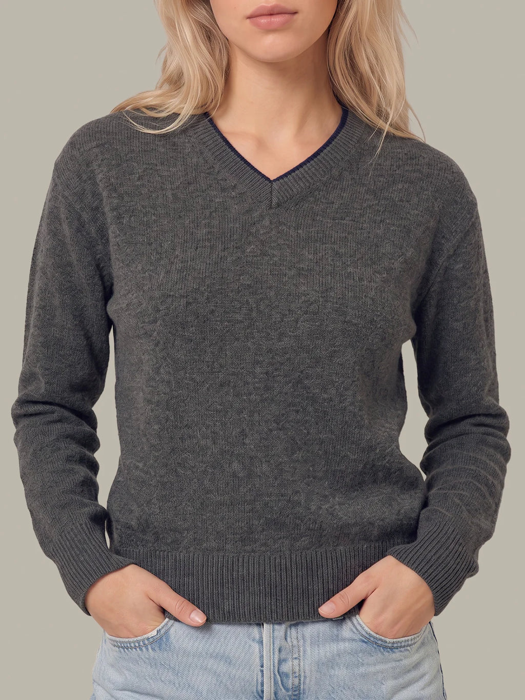 Sloane High V-Neck Double Trim Cashmere Pullover