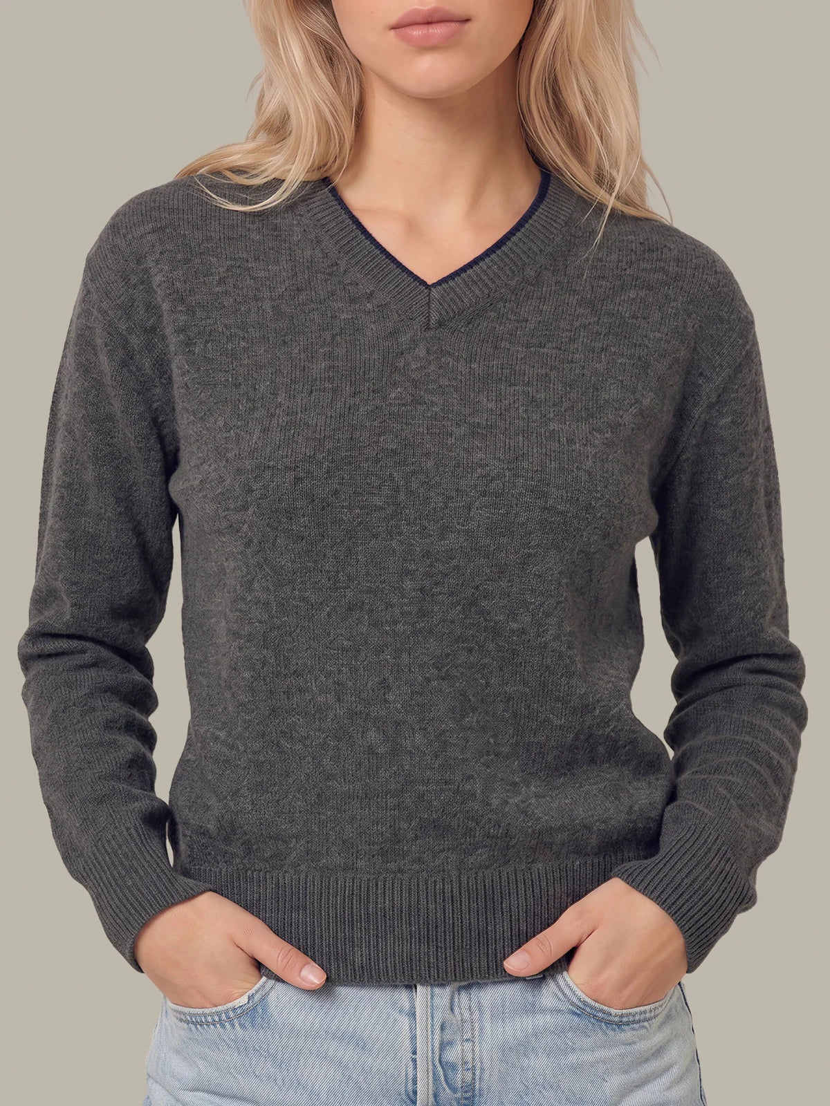 Sloane High V-Neck Double Trim Cashmere Pullover