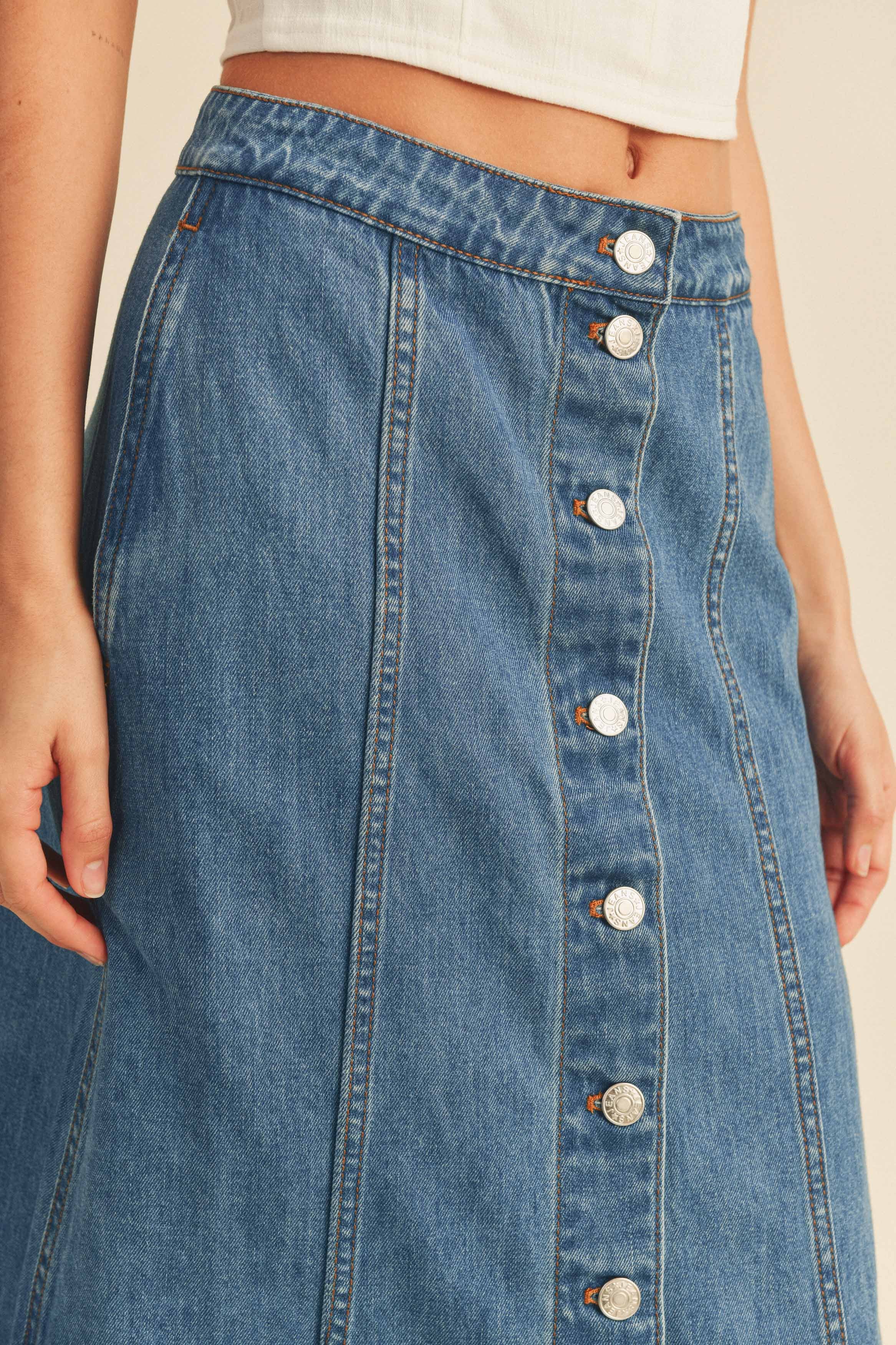 Liberty Knit Denim Button-Front Midi Skirt | Appleseeds