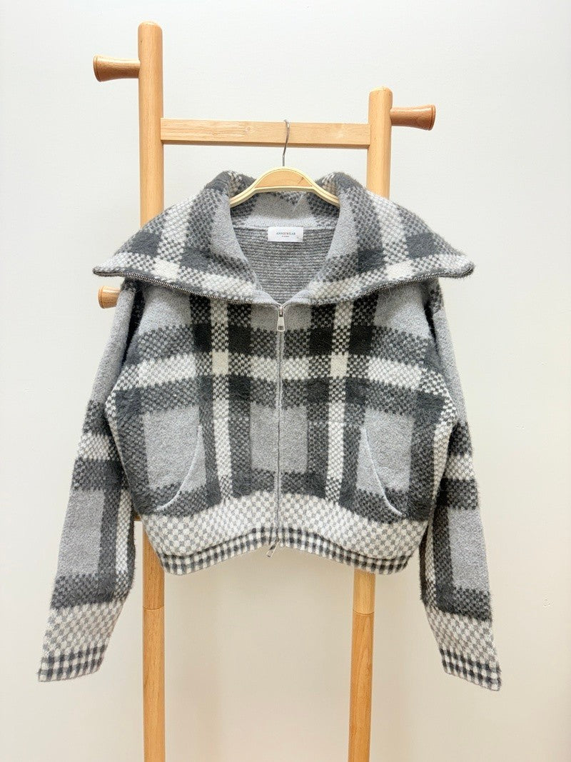 Checkered Fuzzy Sweater Jacket