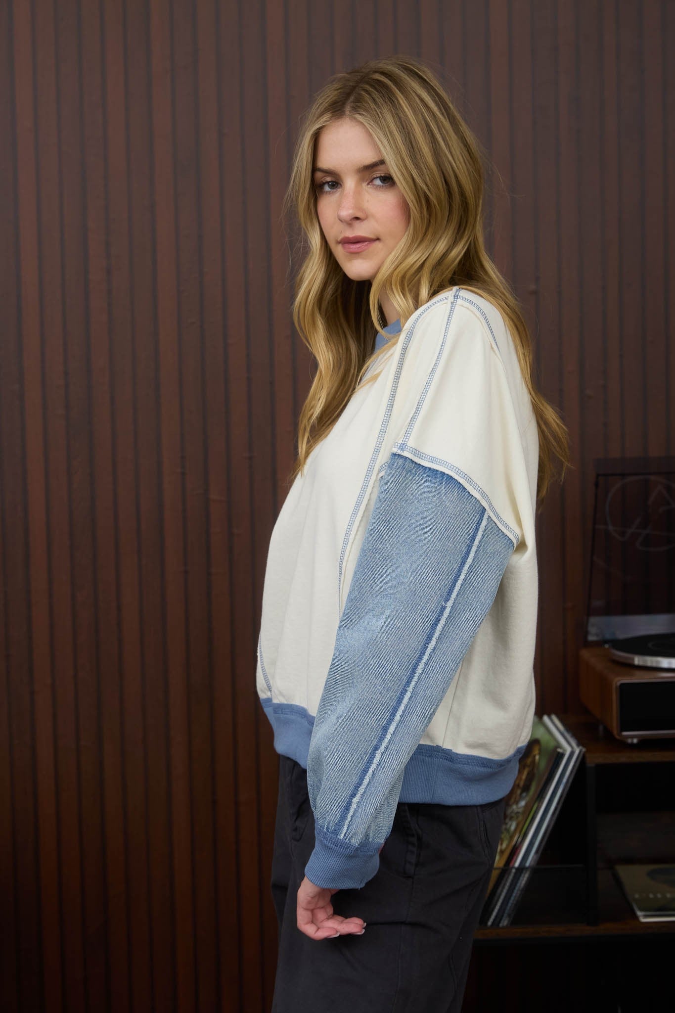 Naia Mix Media Denim Top