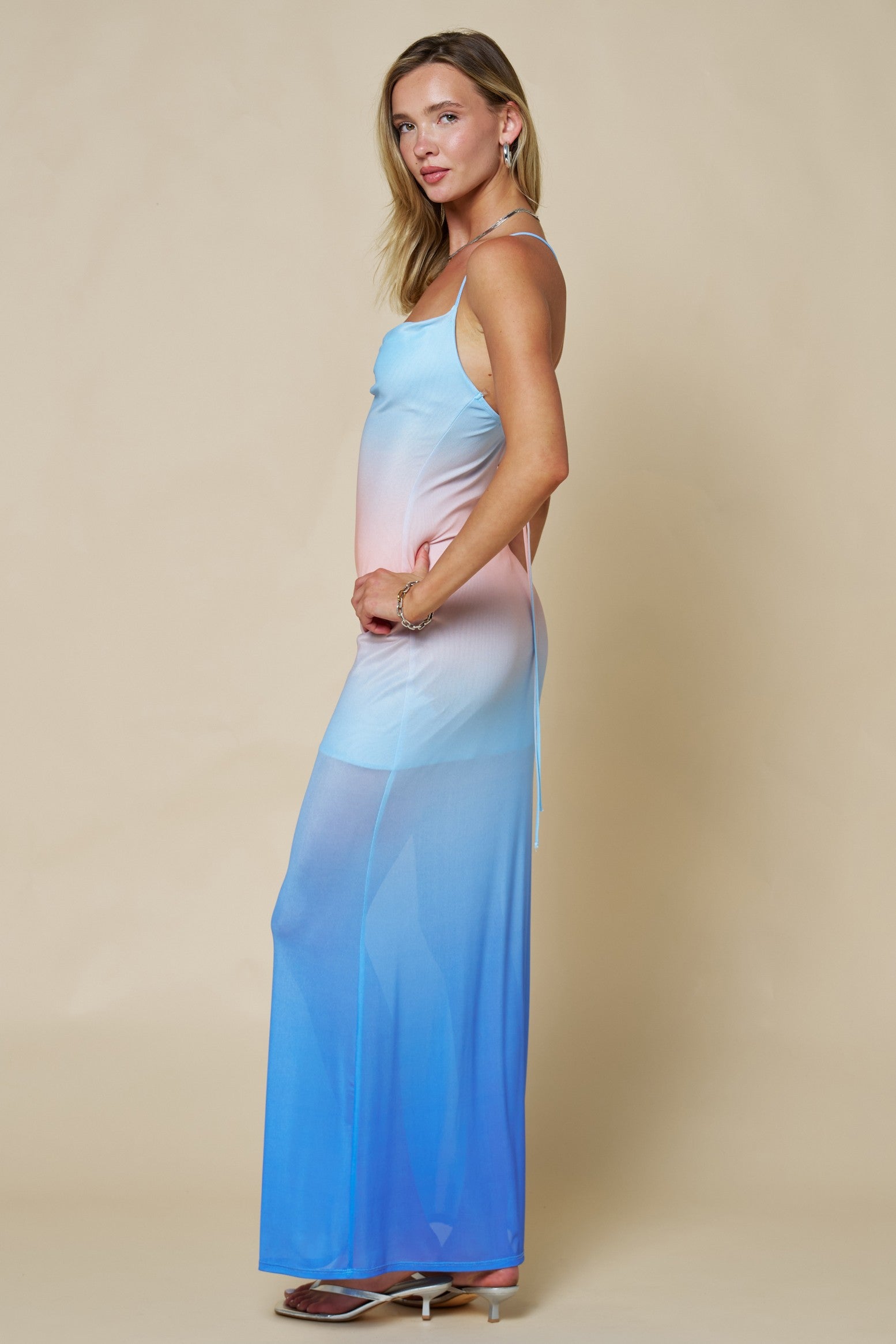 Ombre Mesh Cowl Neck Maxi Dress