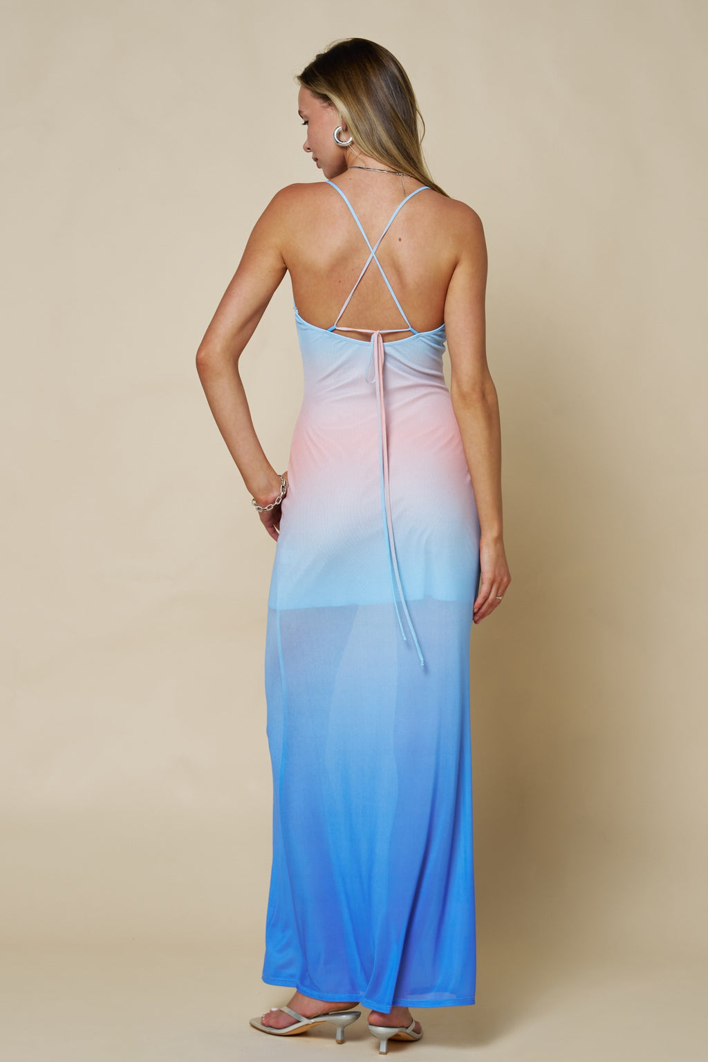 Ombre Mesh Cowl Neck Maxi Dress
