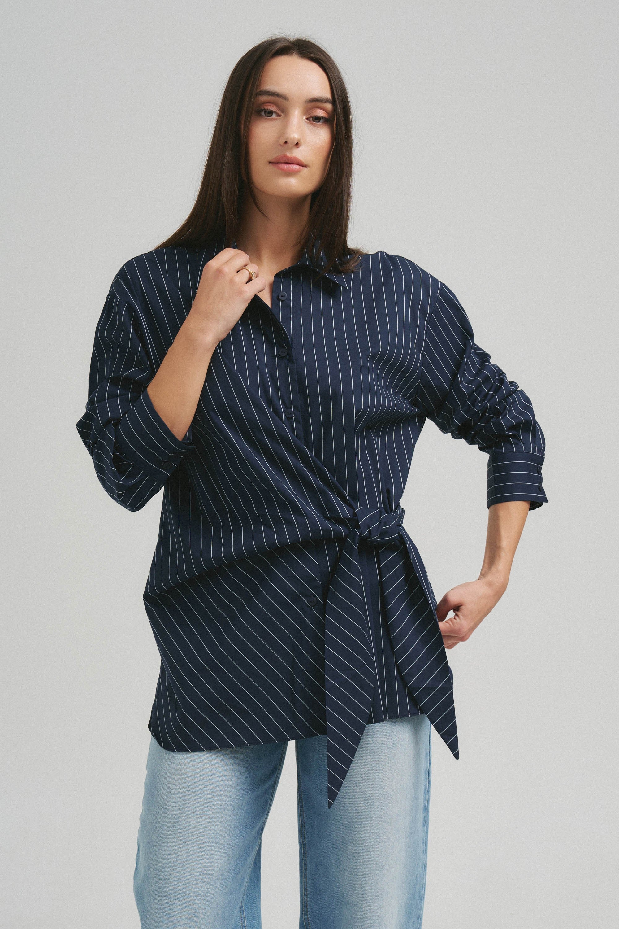 Asymmetrical Tie Waist Shirt