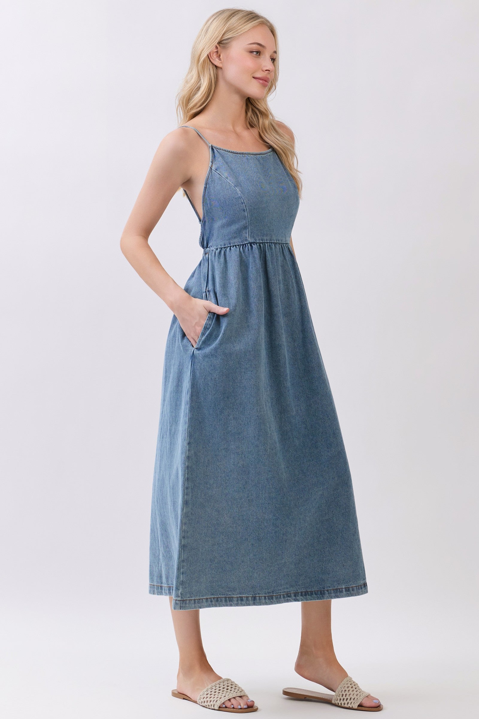 Dylan Denim Back Tie Midi Dress