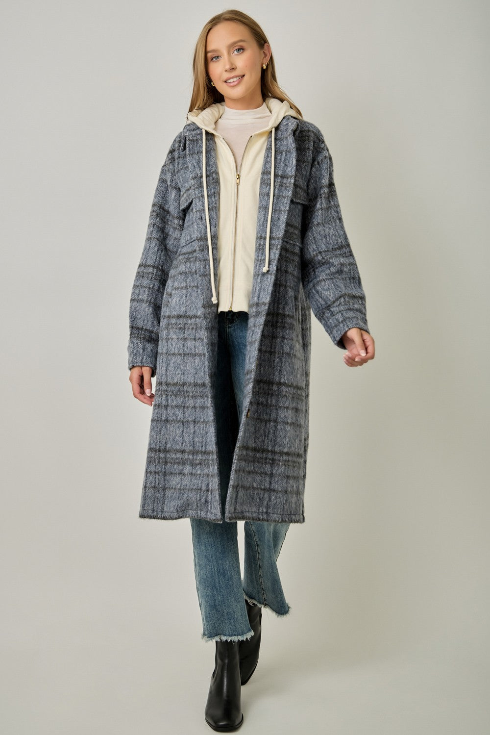 Twofer Hooded Plaid Jacket