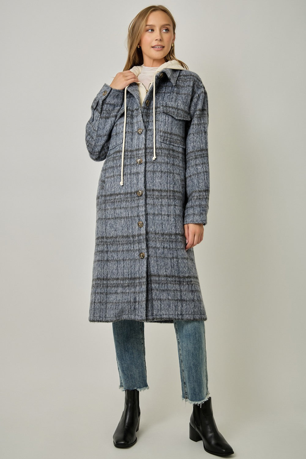 Twofer Hooded Plaid Jacket