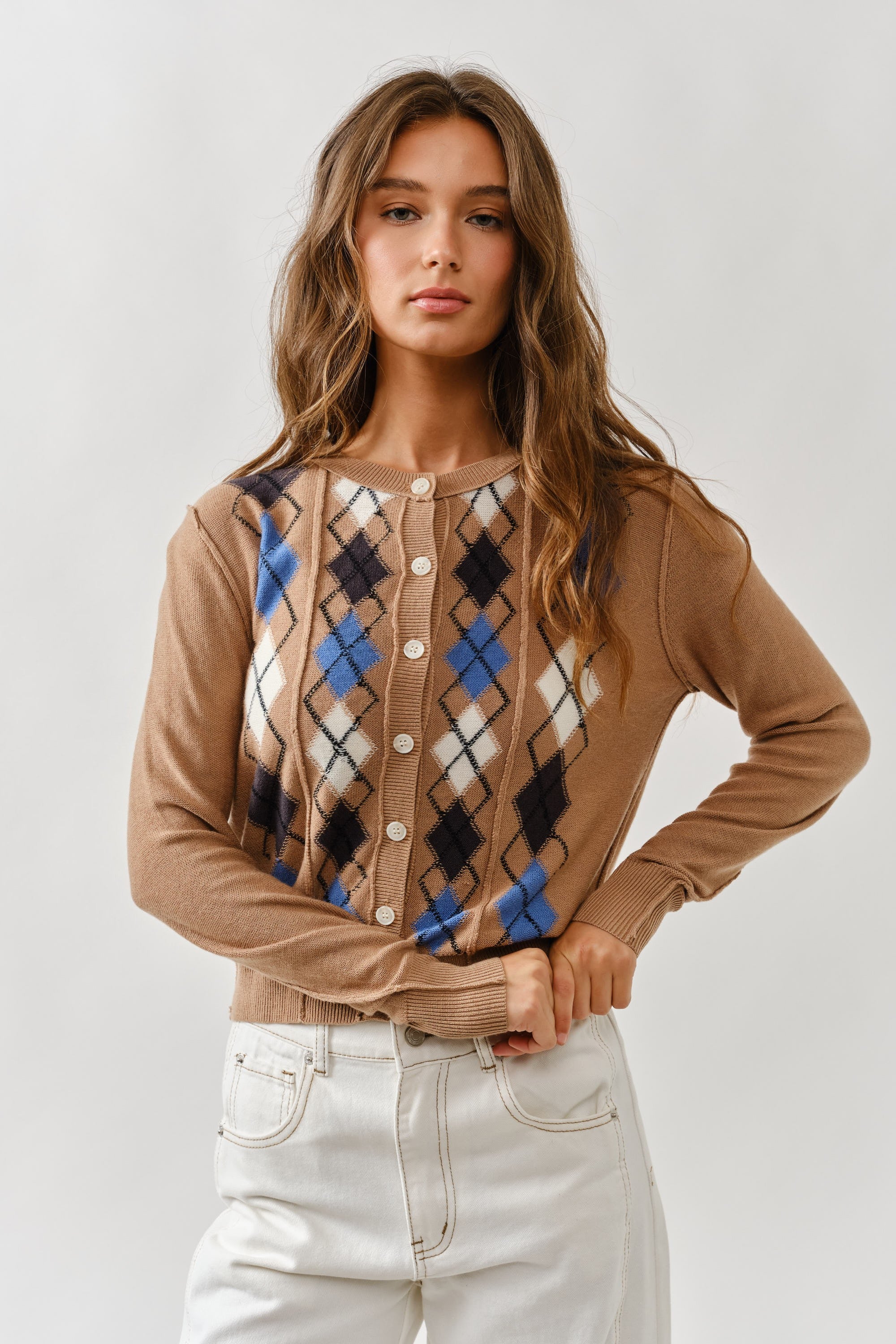 Charlie Argyle Cardigan- Taupe