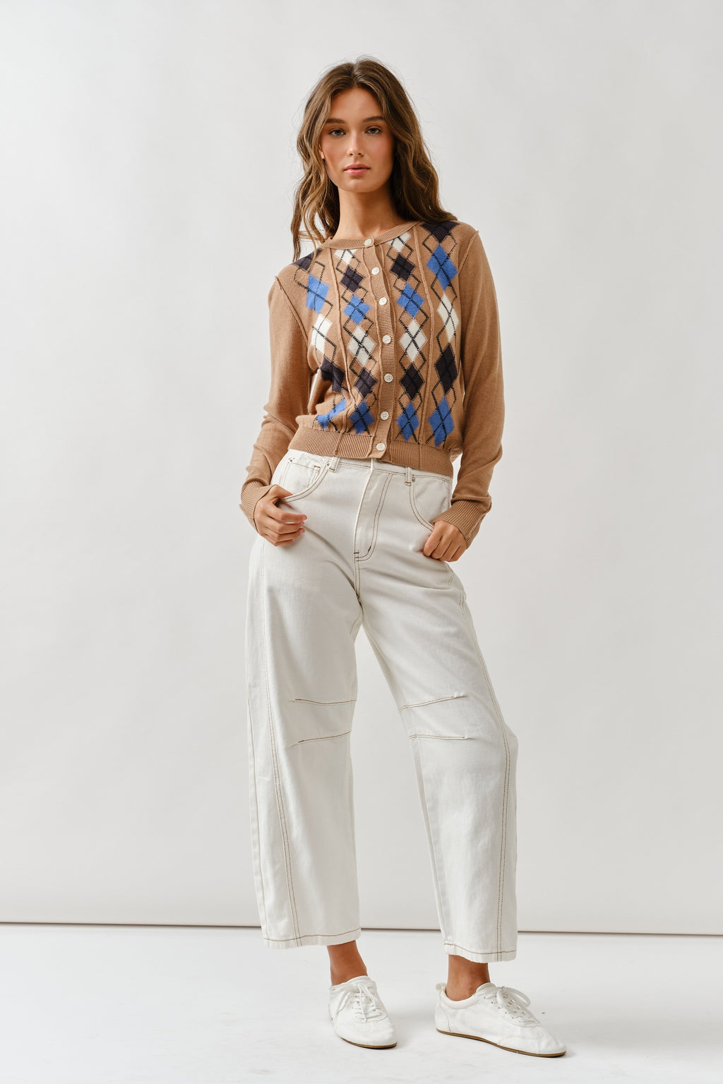 Charlie Argyle Cardigan- Taupe