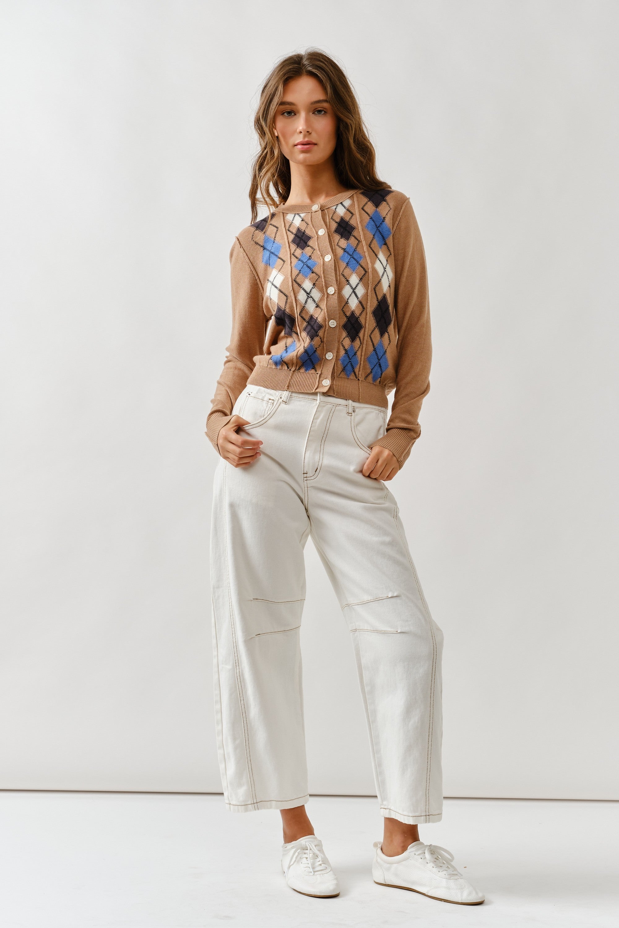 Charlie Argyle Cardigan- Taupe