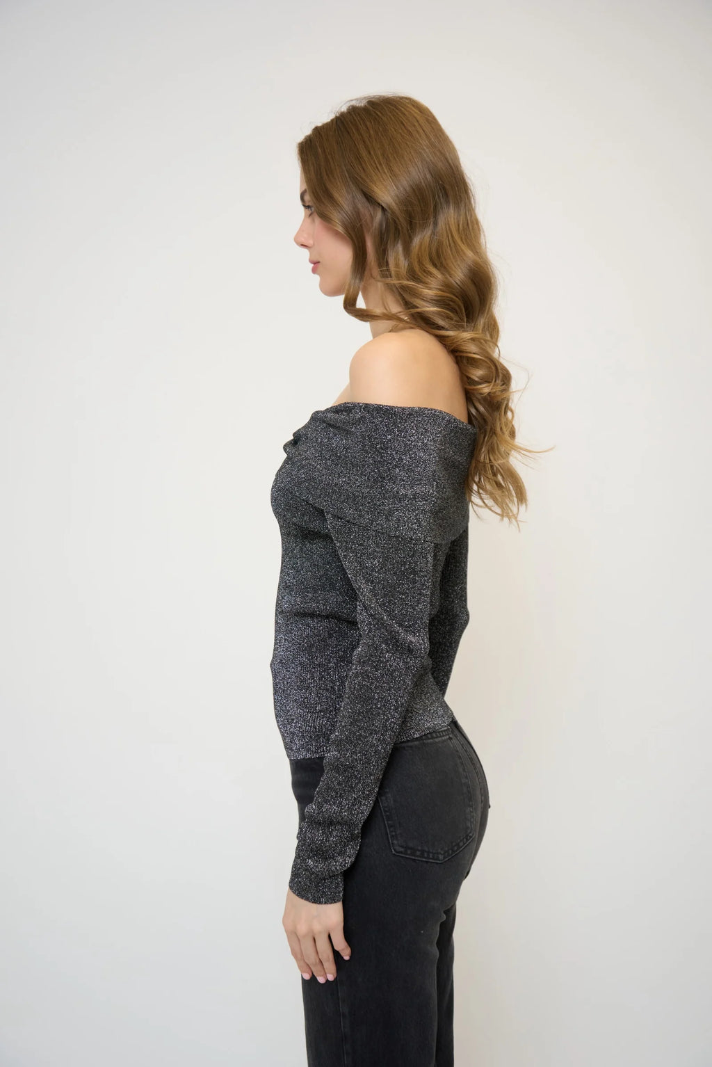 Collette Ribbed Lurex Off The Shoulder Sweater