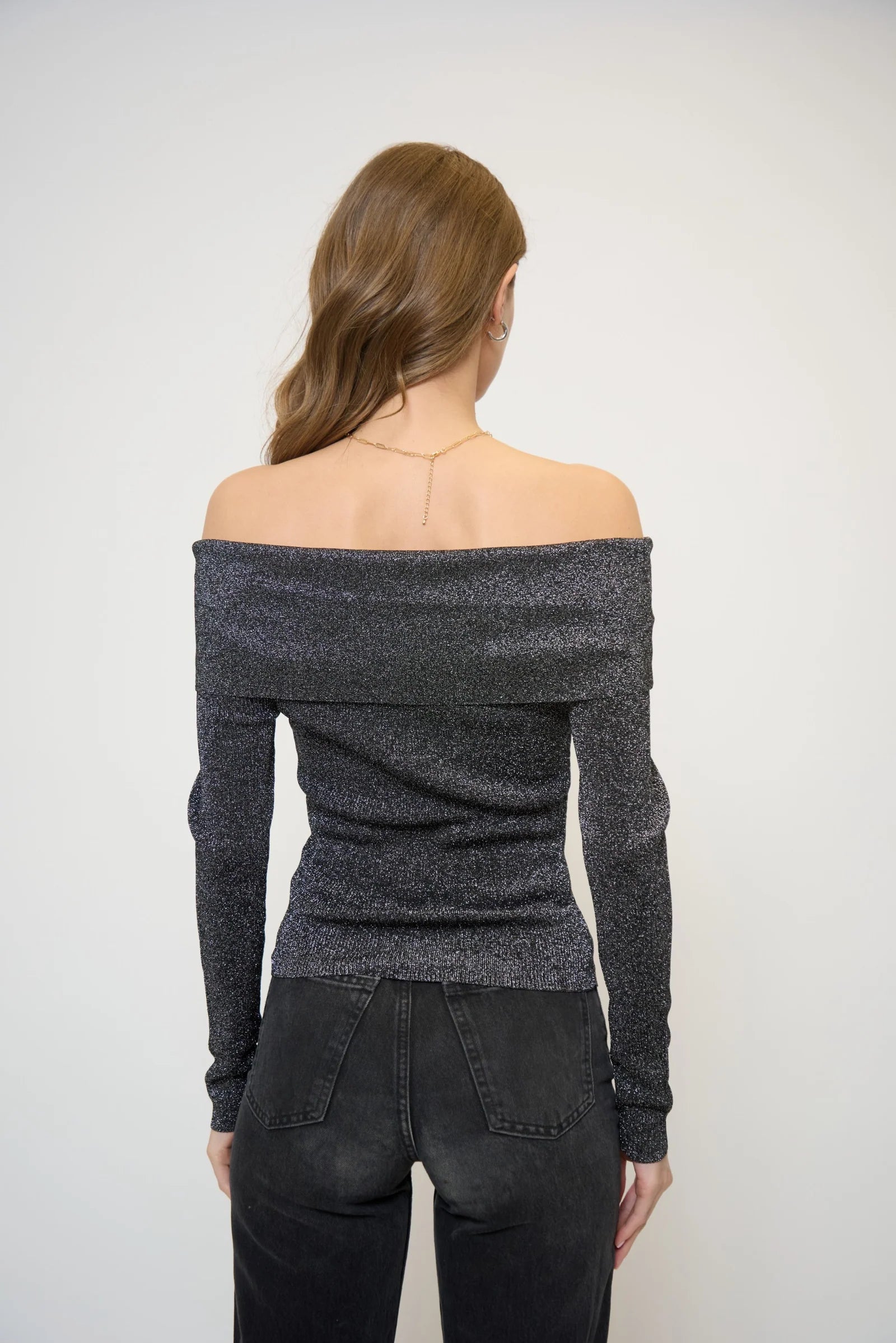 Collette Ribbed Lurex Off The Shoulder Sweater