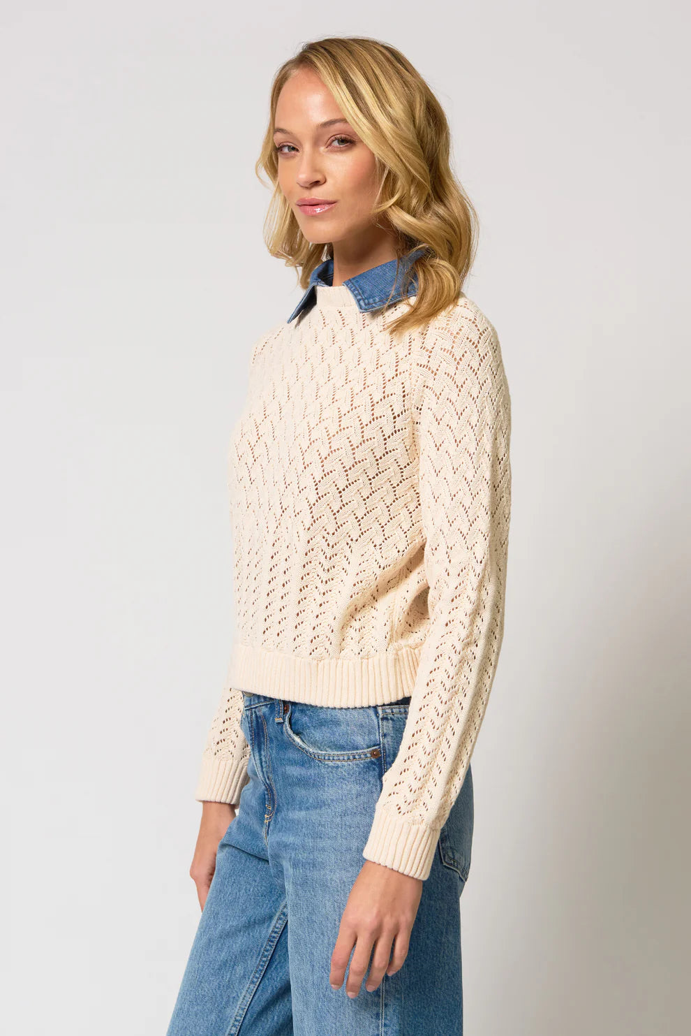Hazel Denim Collar Pointelle Sweater