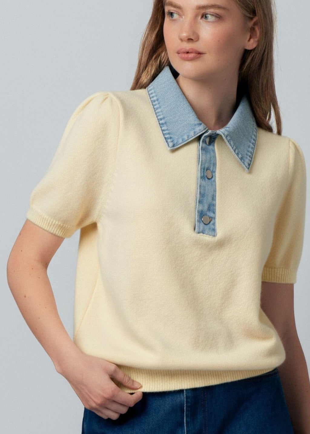 Denim Collar Knit Polo Top - Clothes Horse