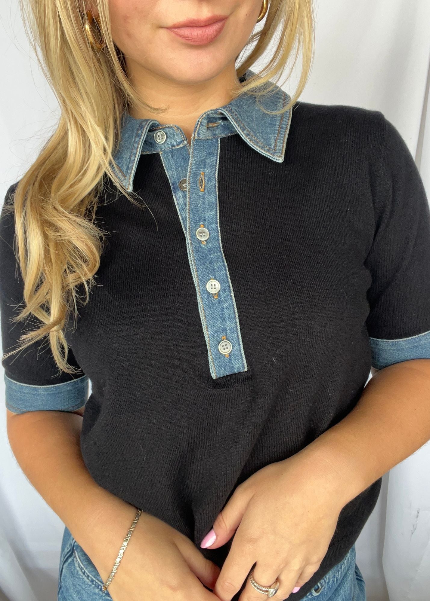 Delilah Denim Trim Polo Top - Clothes Horse