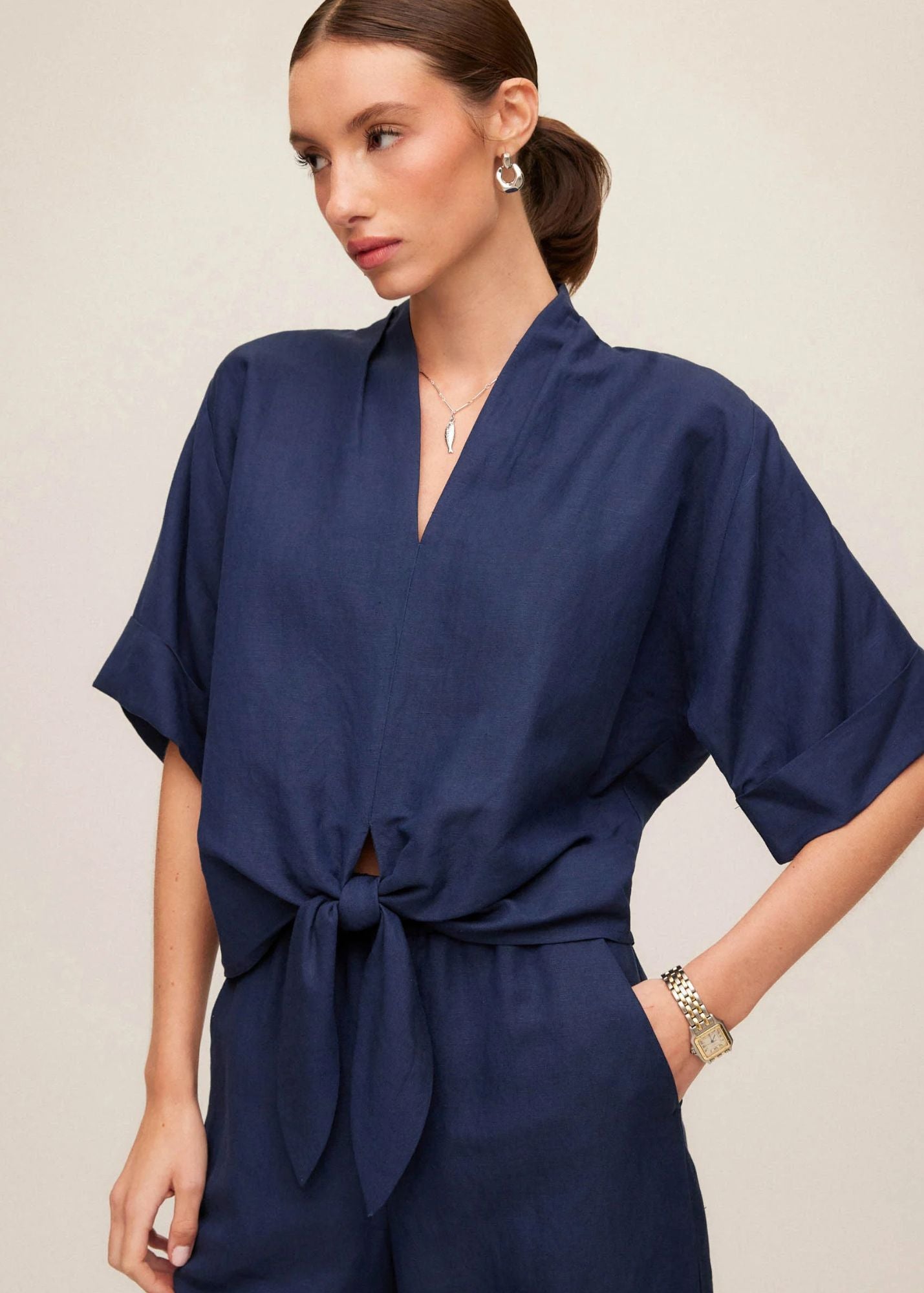 Janice Cuffed Sleeve Tie-Front Top