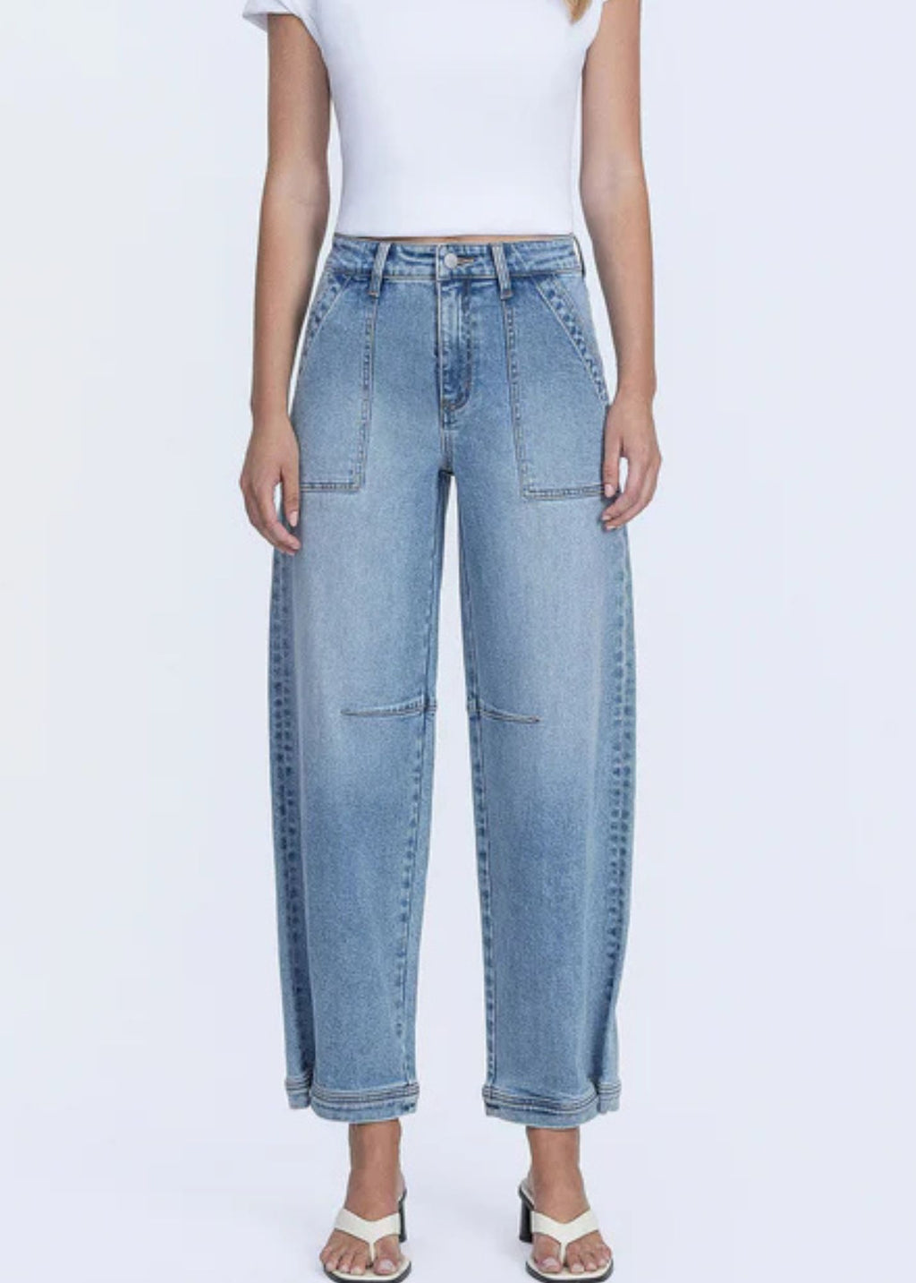 Super High Rise Button Snap Hem Barrel Jeans