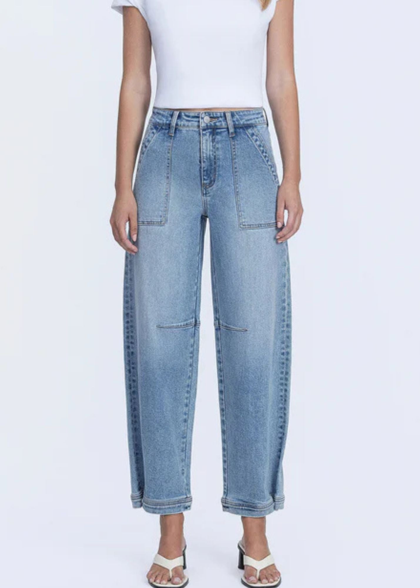 Super High Rise Button Snap Hem Barrel Jeans
