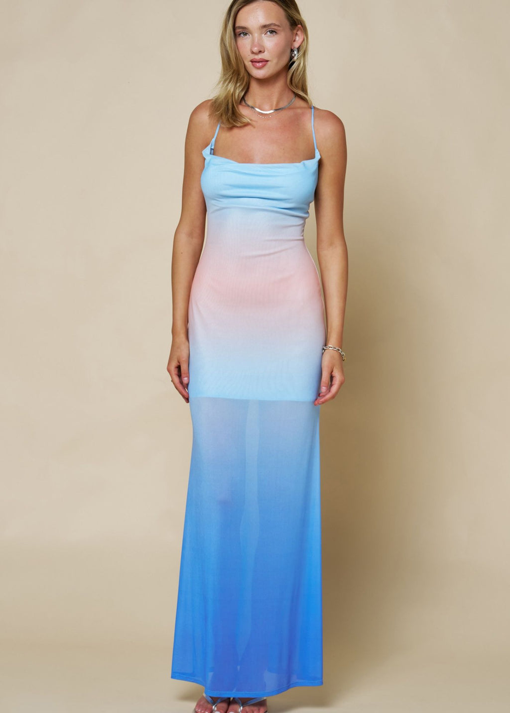 Ombre Mesh Cowl Neck Maxi Dress
