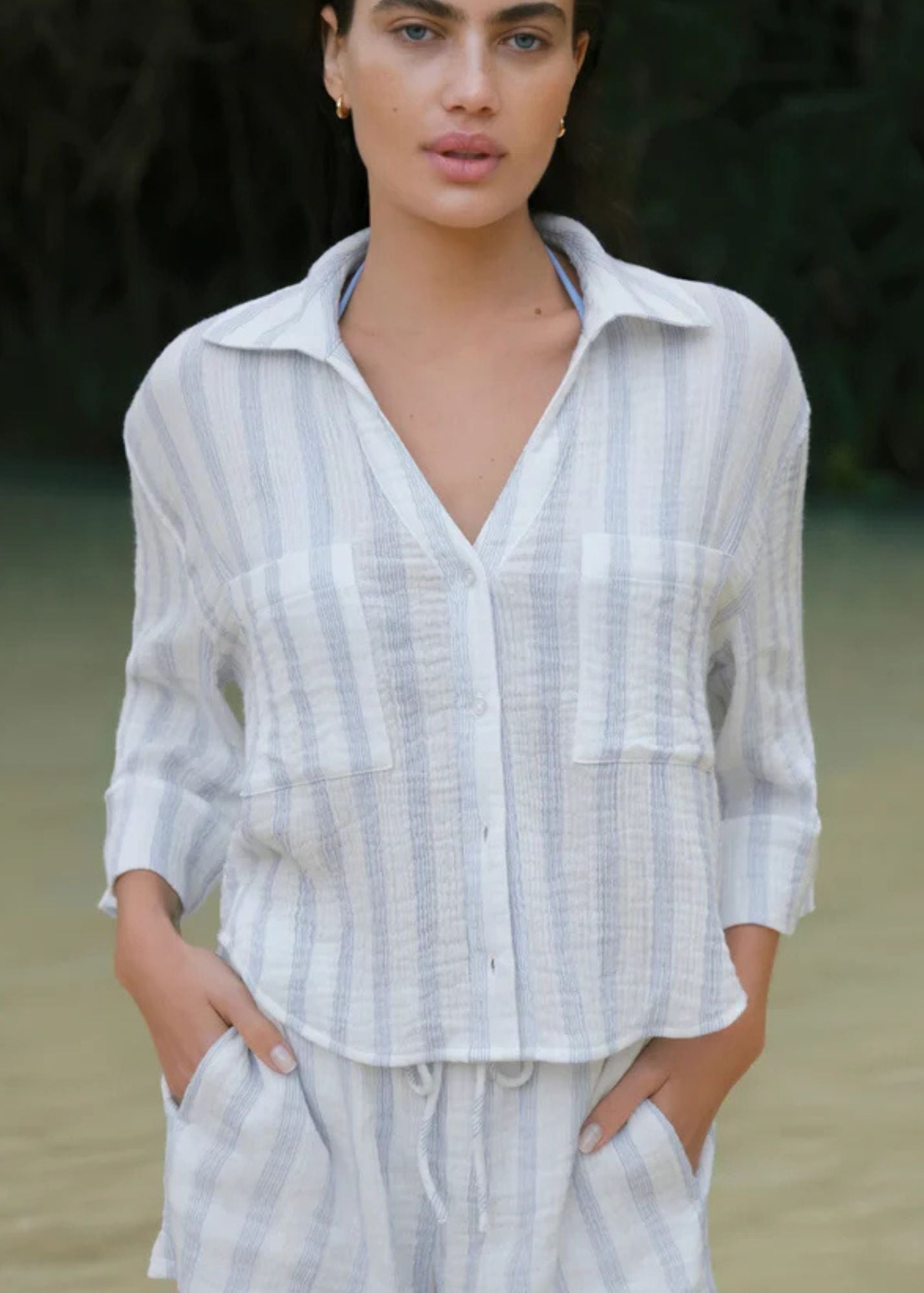 Helena Striped Airy Gauze Button Up