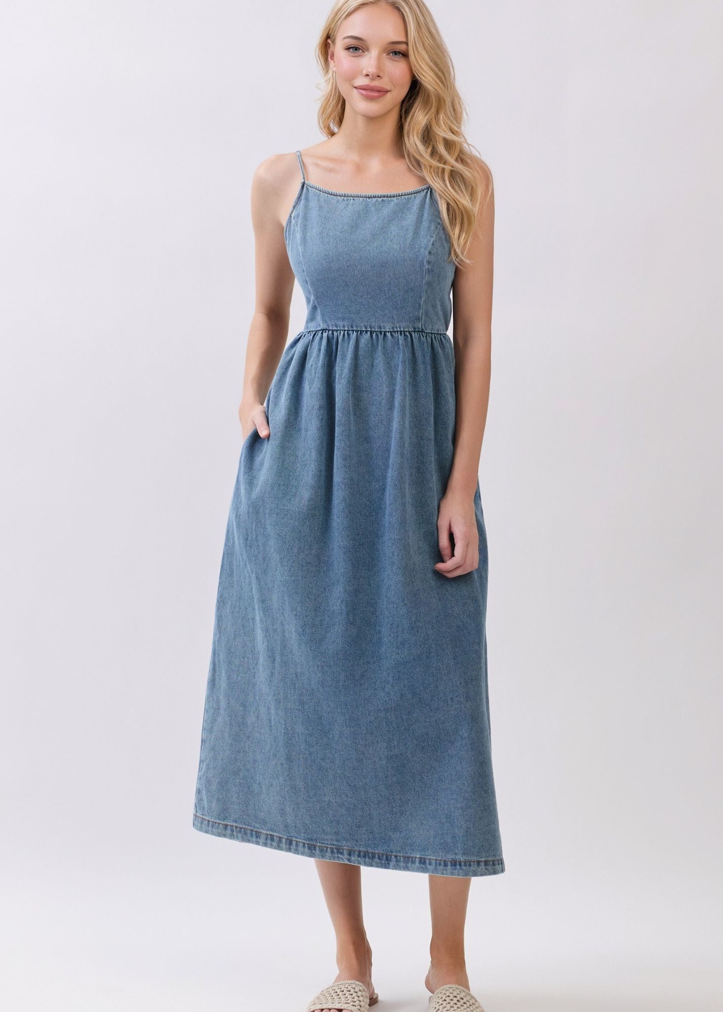 Dylan Denim Back Tie Midi Dress