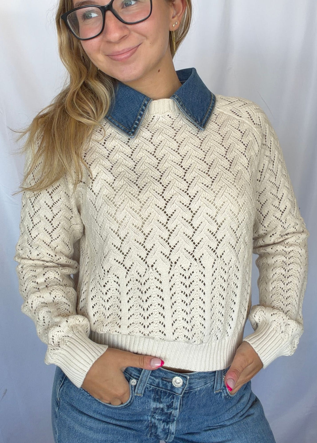 Hazel Denim Collar Pointelle Sweater