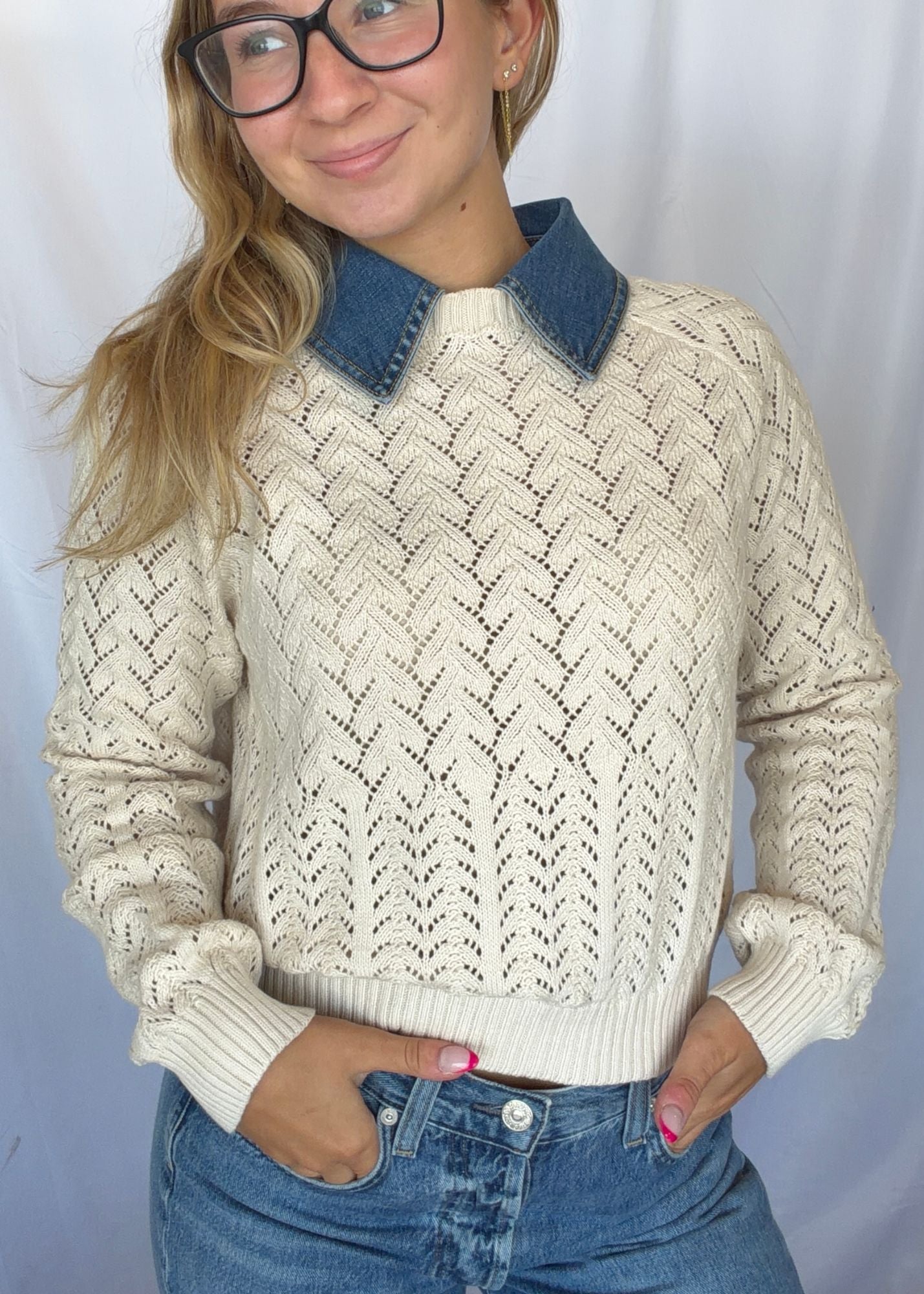 Hazel Denim Collar Pointelle Sweater