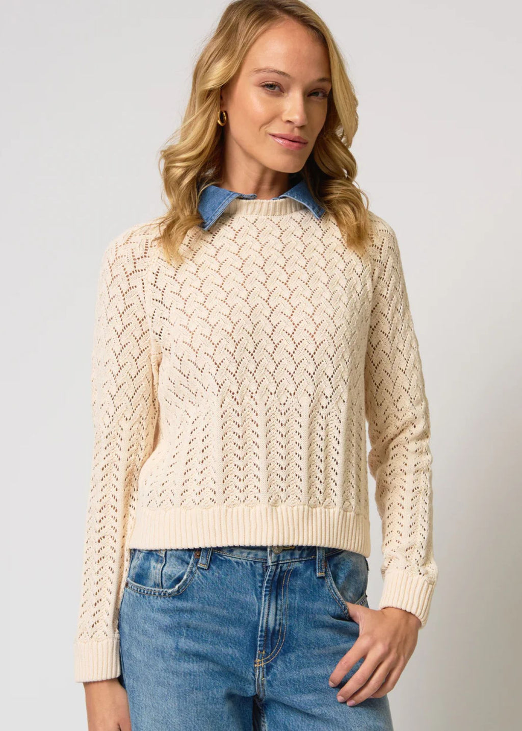 Hazel Denim Collar Pointelle Sweater
