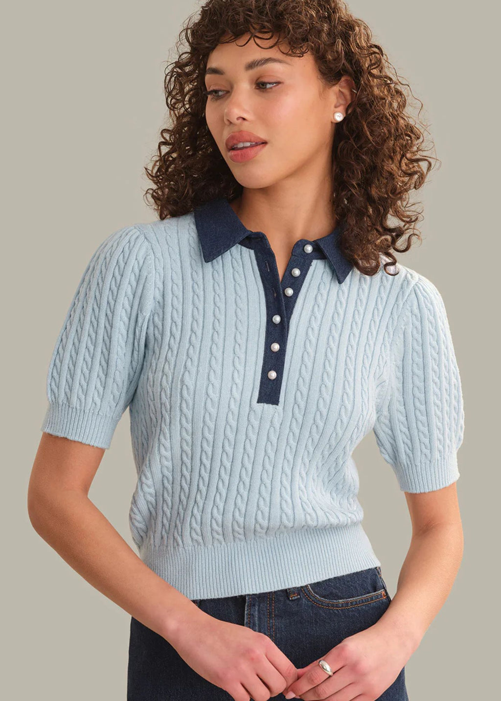 Astor Denim Mix Mini Cable Short Sleeve Pullover