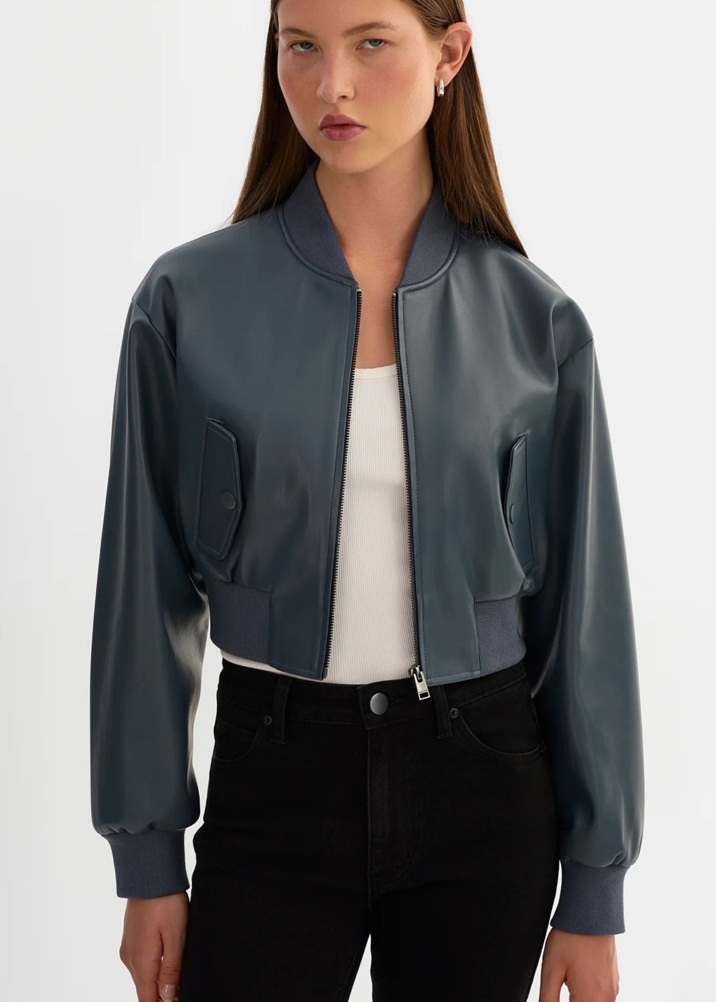 Cropped Faux Leather Bomber Jacket