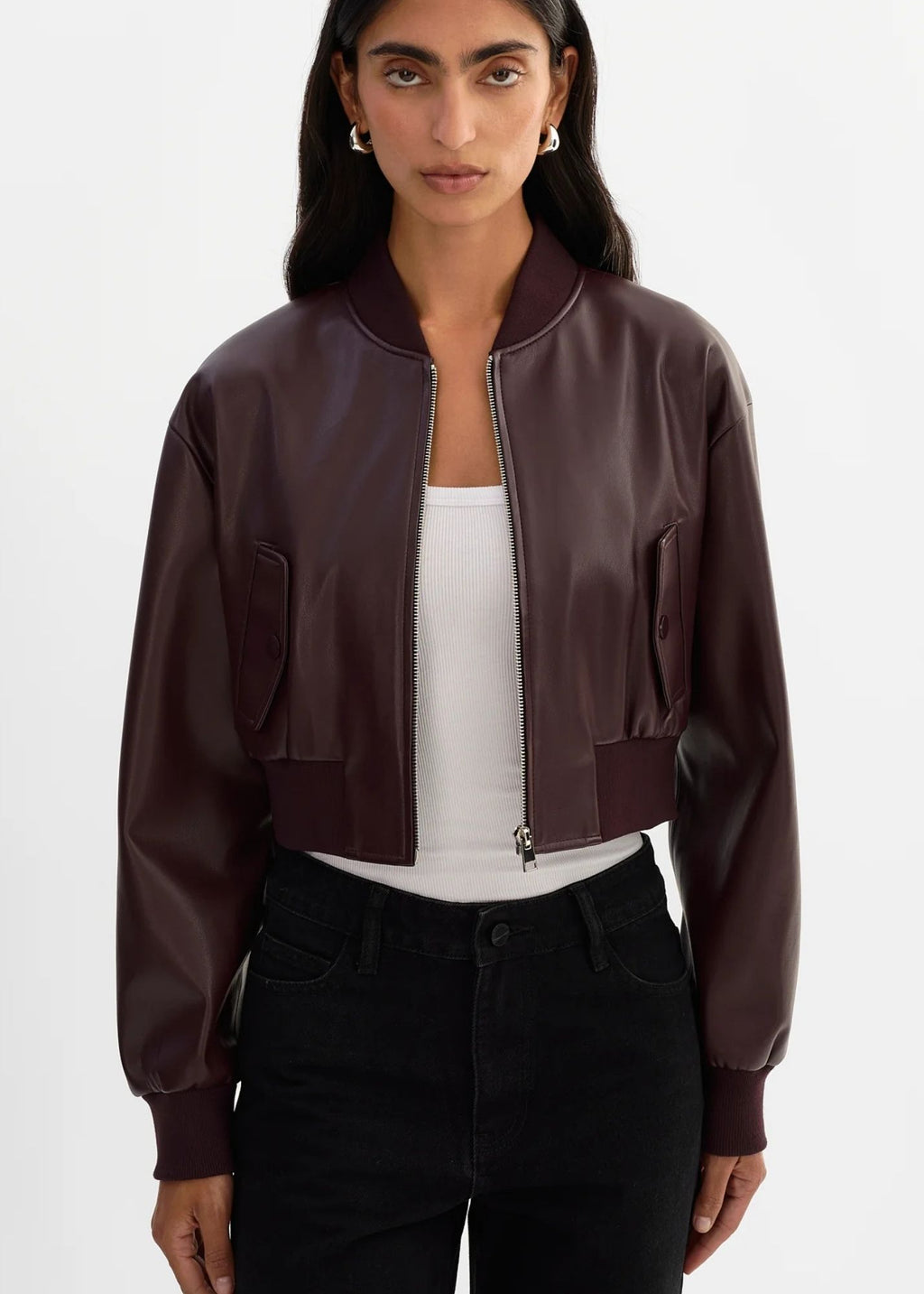 Cropped Faux Leather Bomber Jacket