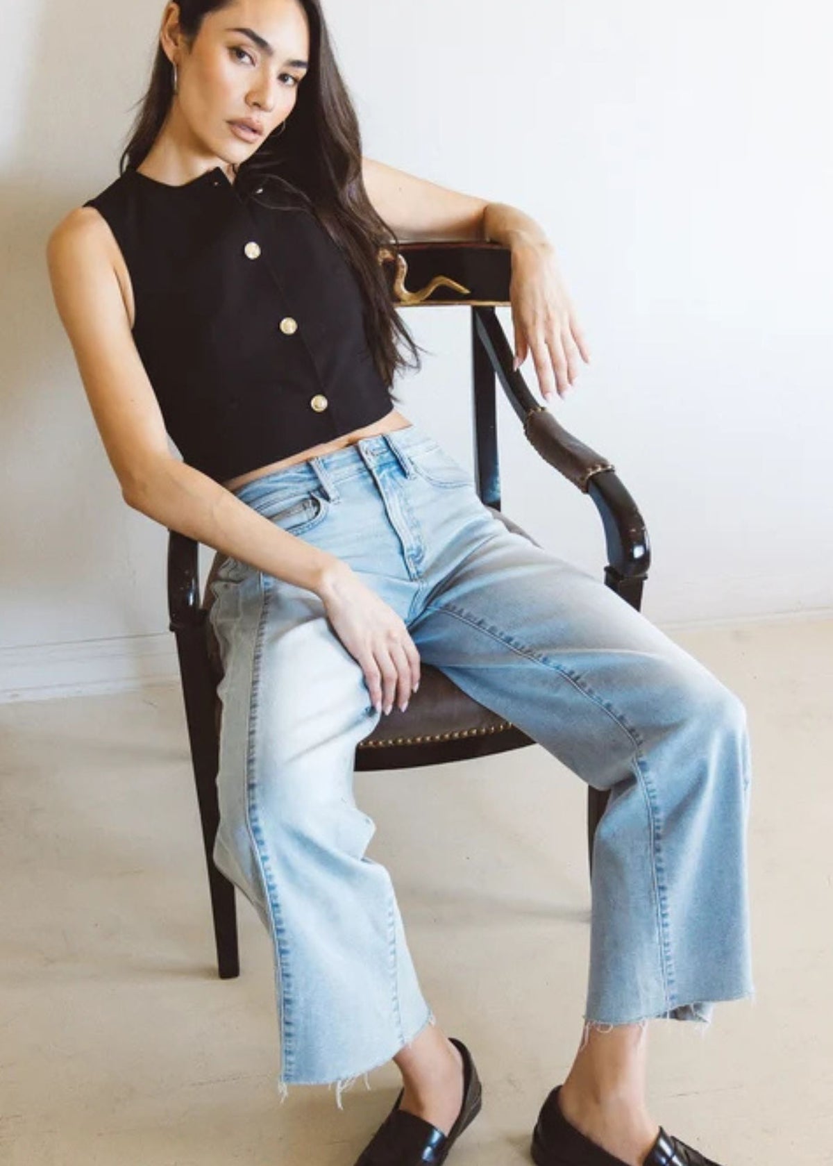 High Rise Two Tone Twist Wide Leg Jeans