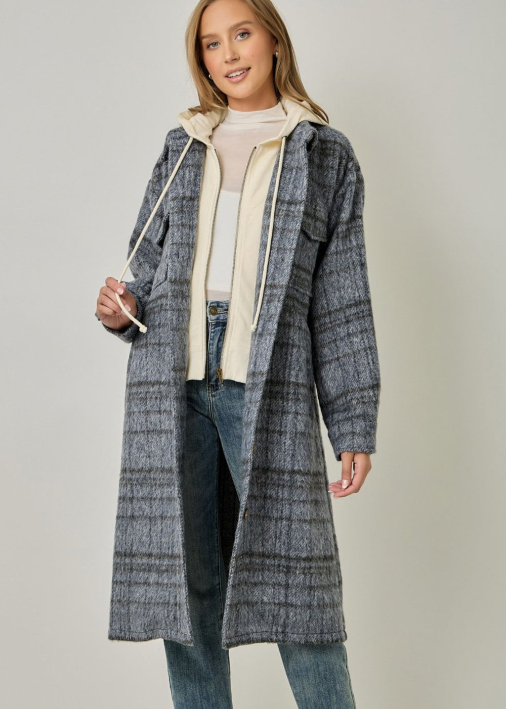 Twofer Hooded Plaid Jacket