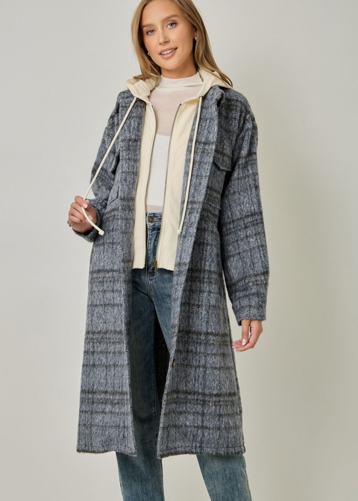 Twofer Hooded Plaid Jacket