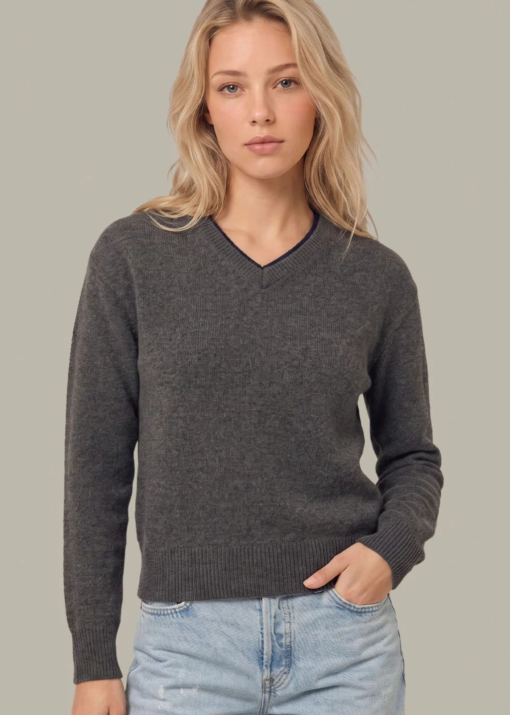 Sloane High V-Neck Double Trim Cashmere Pullover