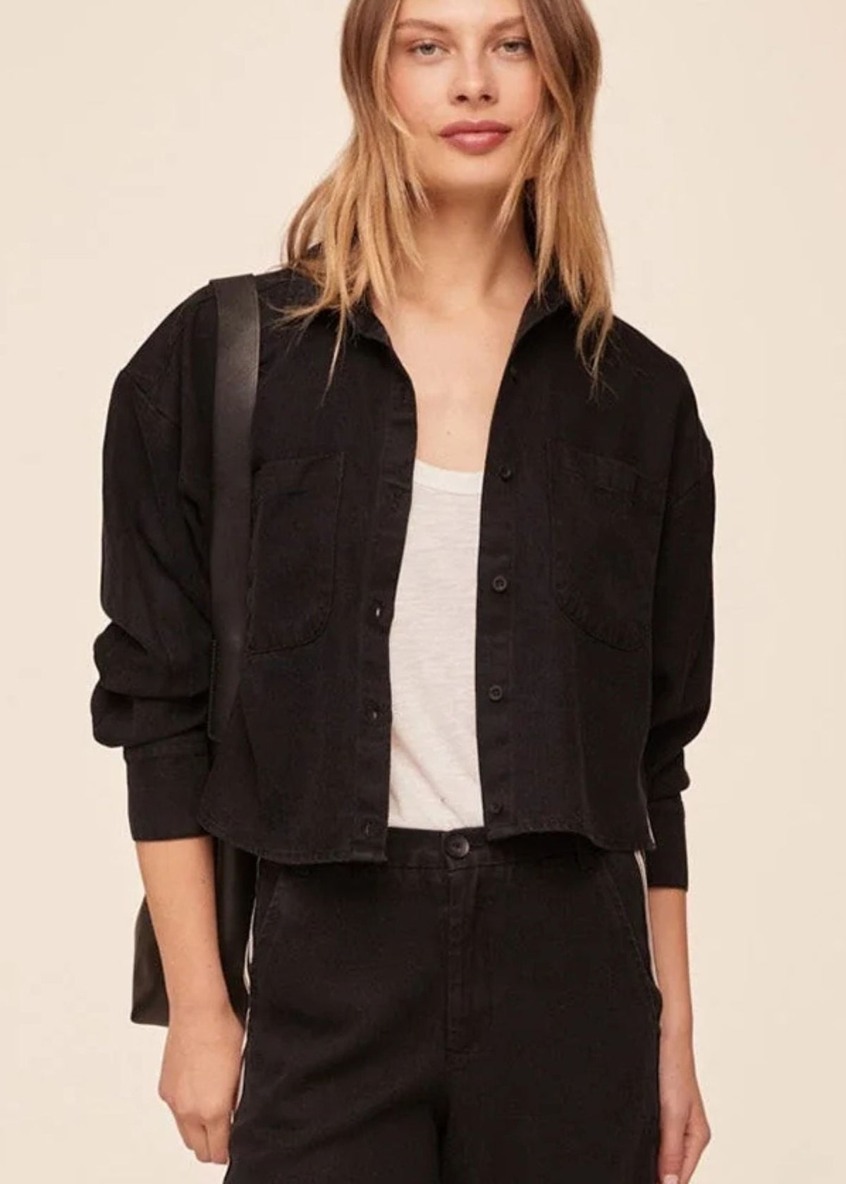 Long Sleeve Two Pocket Trimmed Crop Shirt