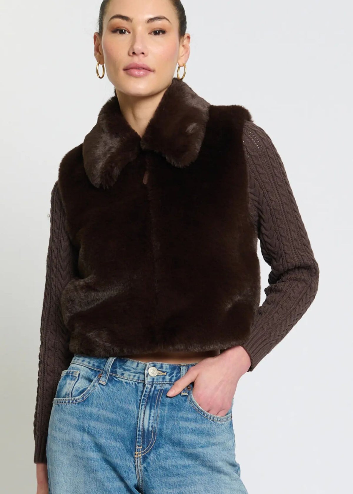 Maia Cropped Fur Cabled Sleeves Sweater