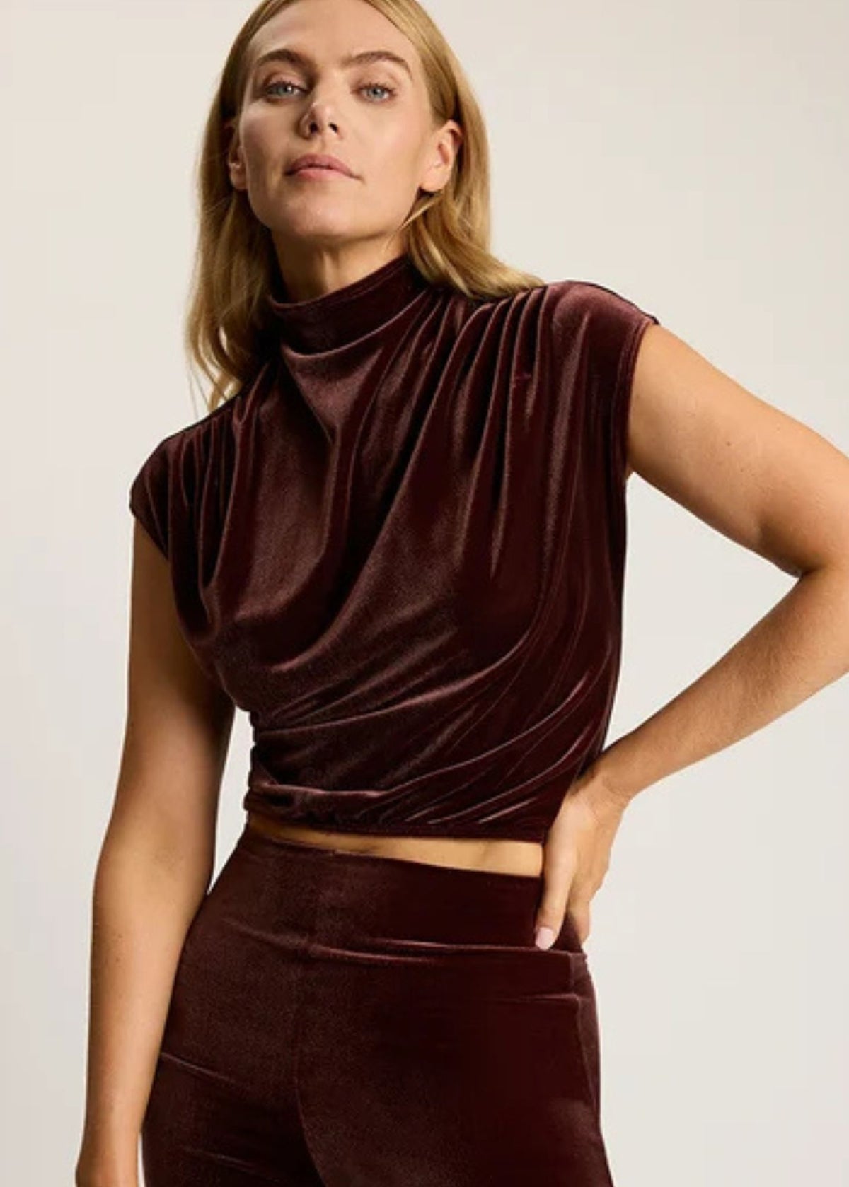 Velvet Draped Mockneck Crop Top