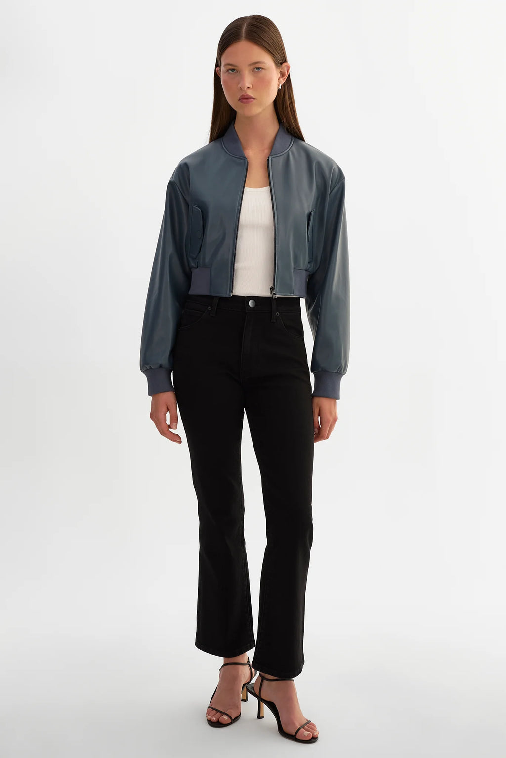 Cropped Faux Leather Bomber Jacket