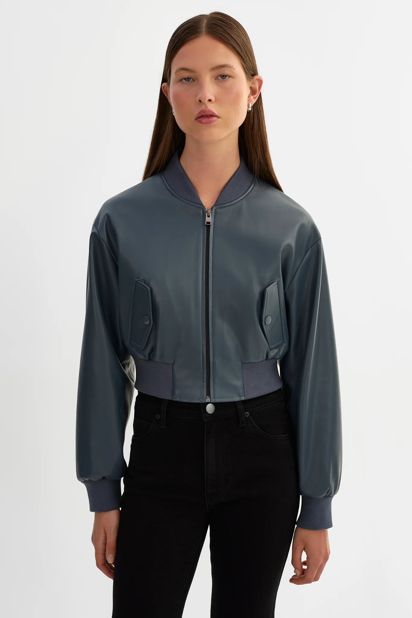 Cropped Faux Leather Bomber Jacket