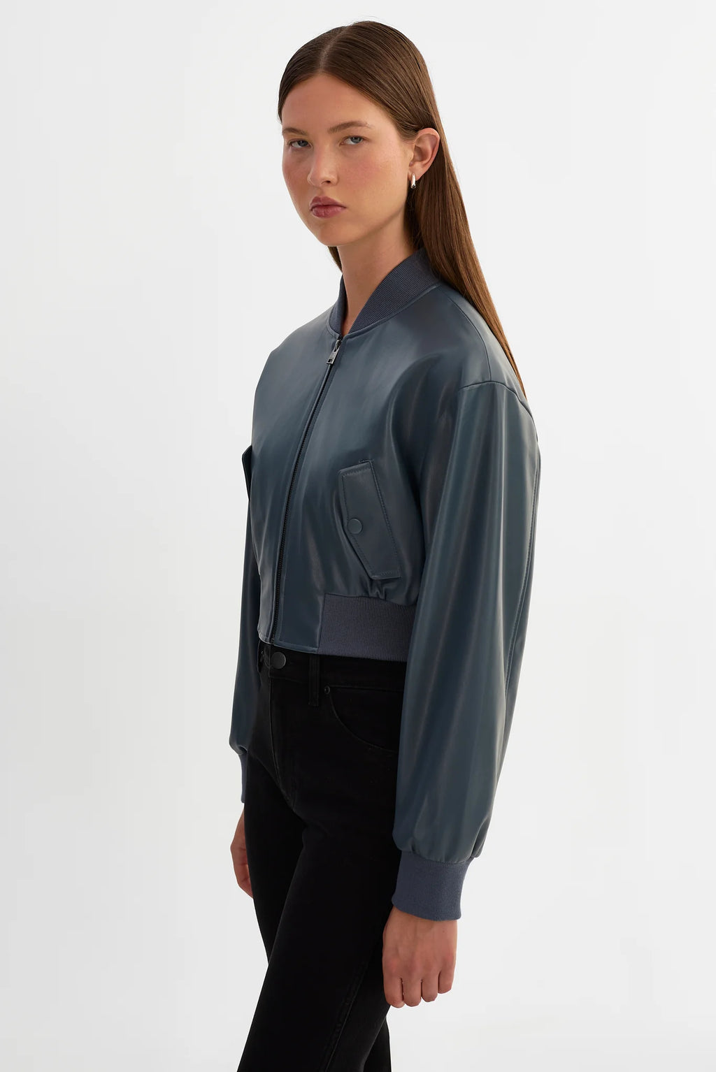 Cropped Faux Leather Bomber Jacket
