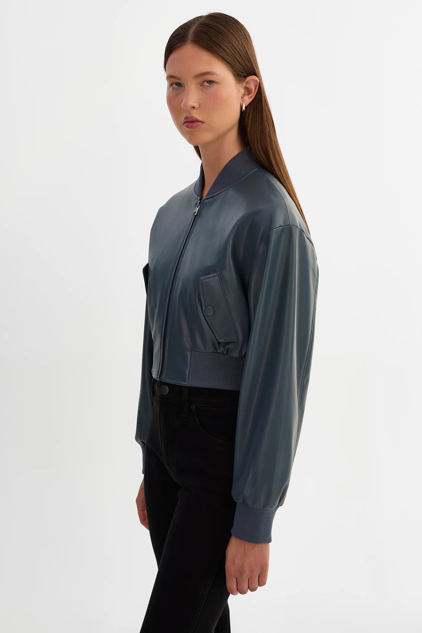 Cropped Faux Leather Bomber Jacket
