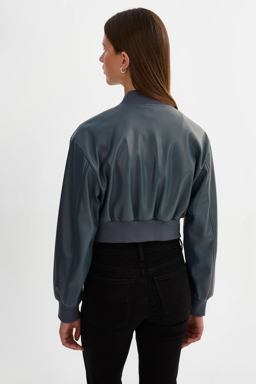 Cropped Faux Leather Bomber Jacket