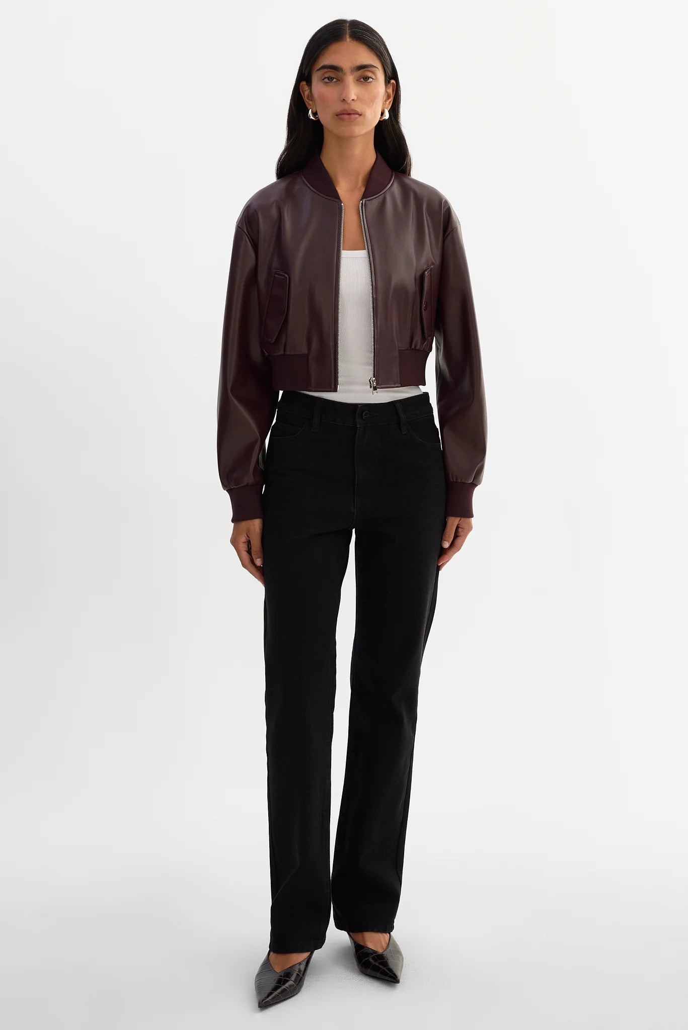 Cropped Faux Leather Bomber Jacket