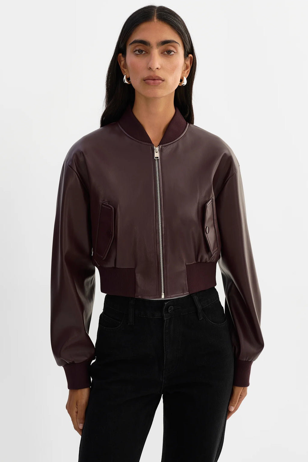 Cropped Faux Leather Bomber Jacket