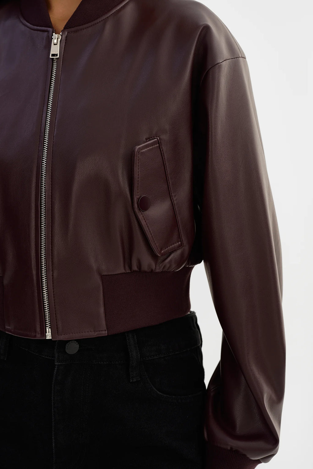 Cropped Faux Leather Bomber Jacket