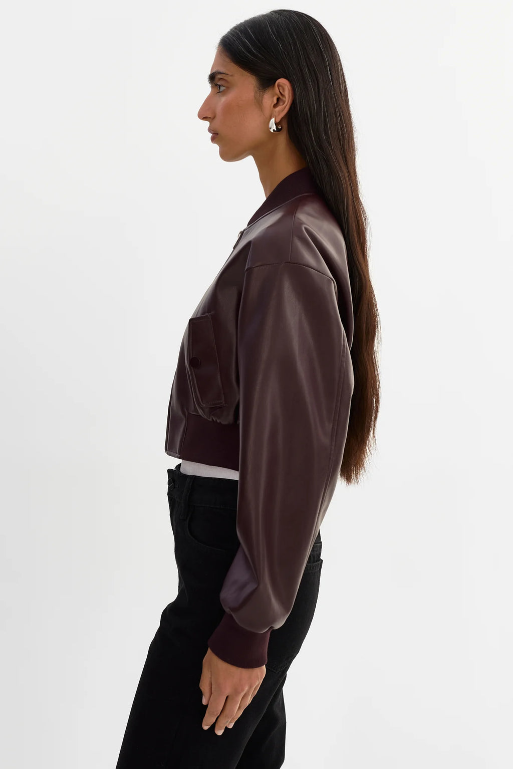 Cropped Faux Leather Bomber Jacket